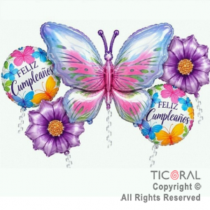 SET DE GLOBOS METALIZADO MARIPOSA Y FLORES LILAS 5 UNIDADES